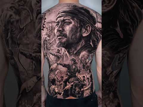 Black and grey historical portrait tattoo by Qneedle Studio