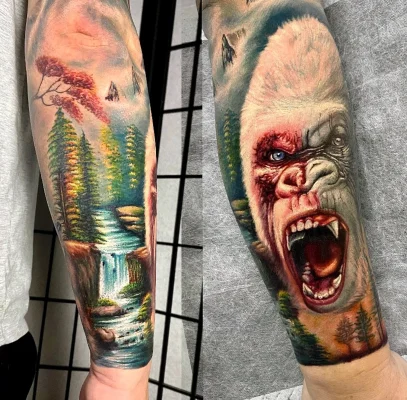 Angry Gorilla-Landscape-realistic-color-tattoo-Qneedle HCM