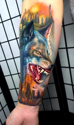 Angry Wolf and Forest-realistic-color-tattoo-Qneedle HCM