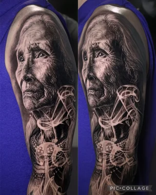 Bicep-Black&grey-realism-old female-tattoo-Quang Pham-Qneedle
