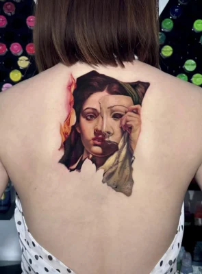 Burning Portrait with Mask-surreal-realistic-color-tattoo-Qneedle HCM