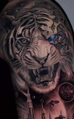 Cyborg Tiger-Future-City 2-blackgrey-realistic-tattoo-Qneedle HCM