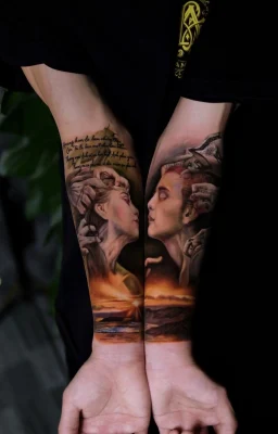 Lovers Portrait and Sunset-realistic-color-tattoo-Qneedle HCM