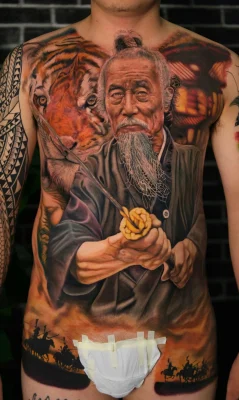 Samurai Warrior and Tiger-realistic-color-tattoo-Qneedle HCM