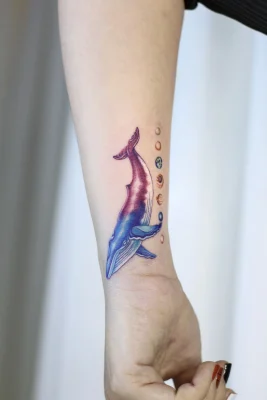 Whale and Planets-fineline-color-tattoo-Qneedle HCM
