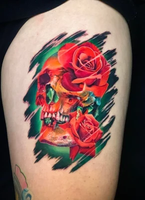 color-realistic- skull&rose-tattoo-Quang Pham-Qneedle