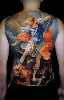 full-back-color-realistic-Micheal-defeat-satan-tattoo-Quang Pham-Qneedle