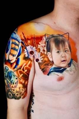 color-baby-portrait-bee-floral field-realistic-tattoo-Quang Pham- Qneedle