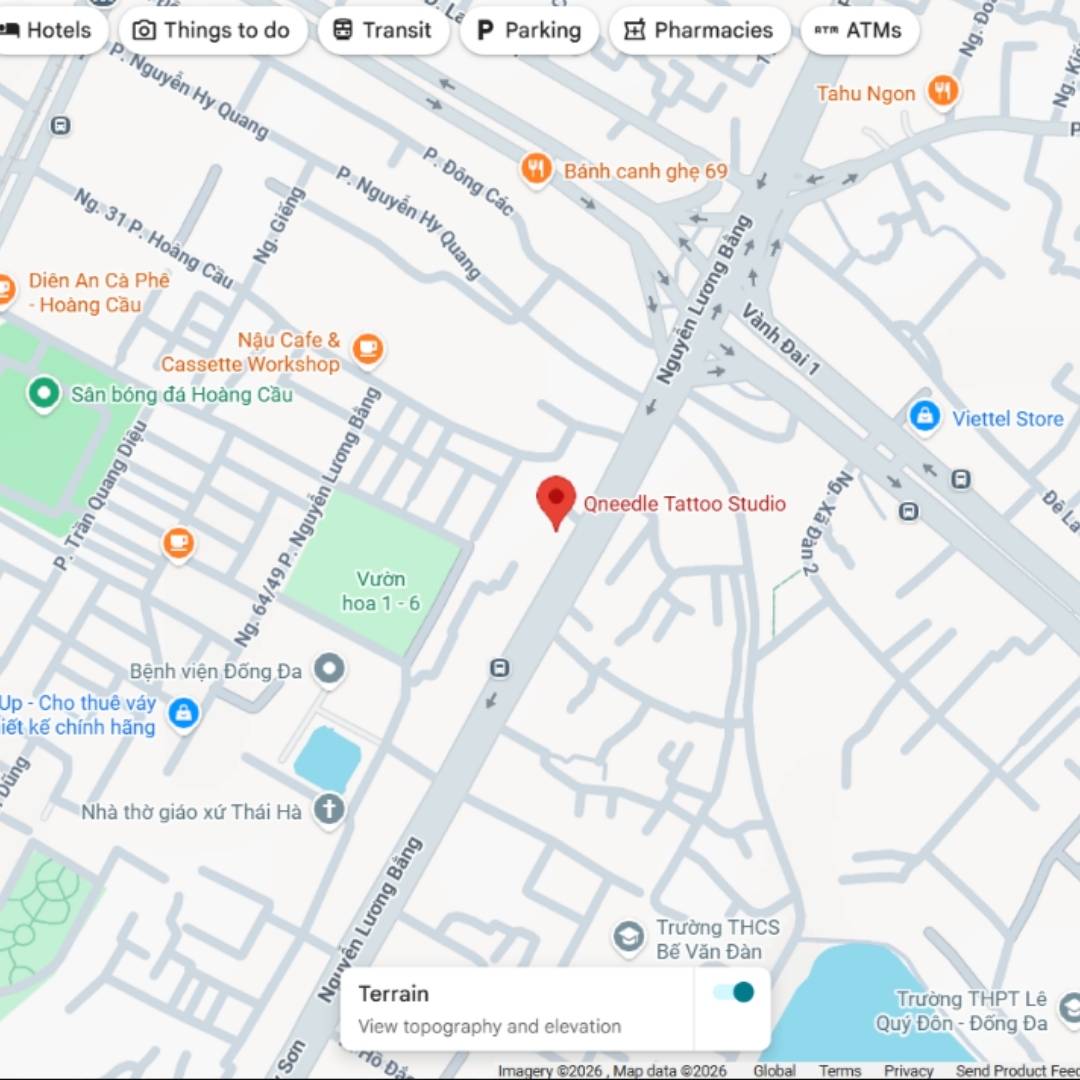 Bản đồ chỉ đường đến Qneedle Tattoo Studio cơ sở Hà Nội, địa chỉ xăm hình tả thực đen trắng uy tín tại Hà Nội