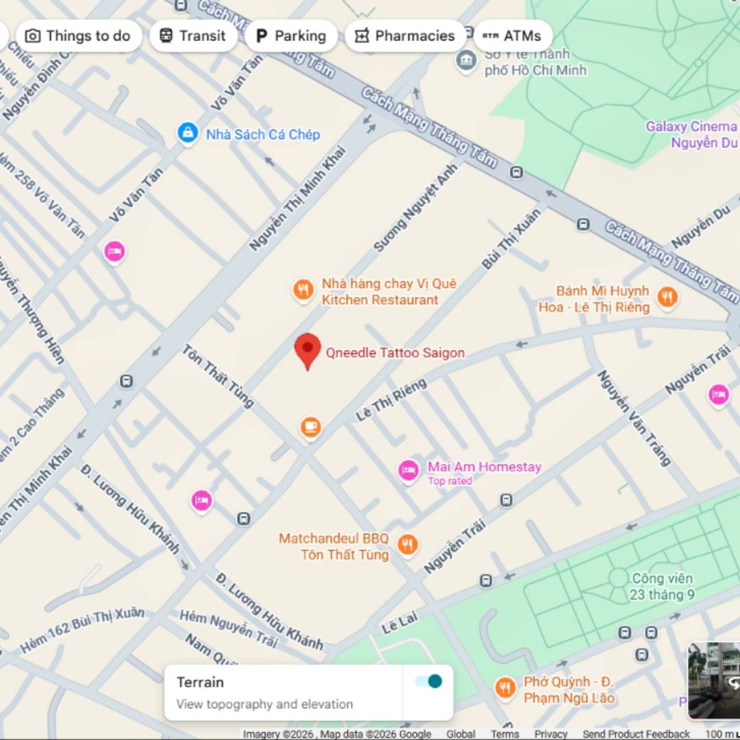 Bản đồ chỉ đường đến Qneedle Tattoo Studio cơ sở Sài Gòn, địa chỉ xăm hình tả thực đen trắng uy tín tại Quận 1, TP.HCM.
