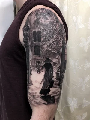 realistic-black&grey-vietnamese lady-old quarter-bicep-QuangPham-Qneedle