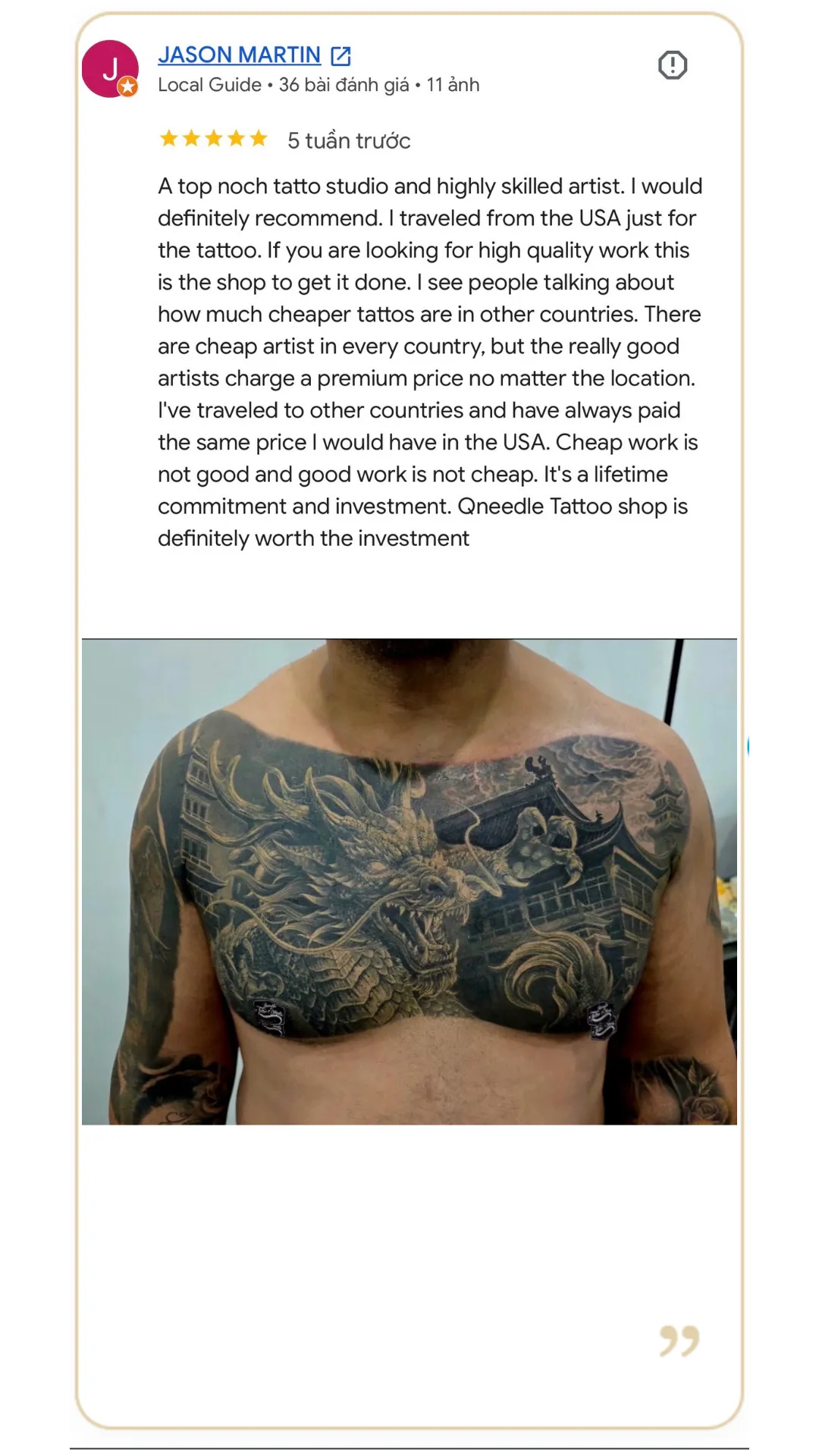 American-customer-review-dark-grey-dragon-realistic-tattoo-Qneedle-Studio Hanoi