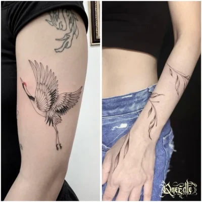 Fine-line Crane-Leaf-Tattoo-Qneedle-Hanoi