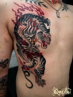 Blackwork-neo-tradituonal-tiger-fire-Qneedle-Studio-HCM