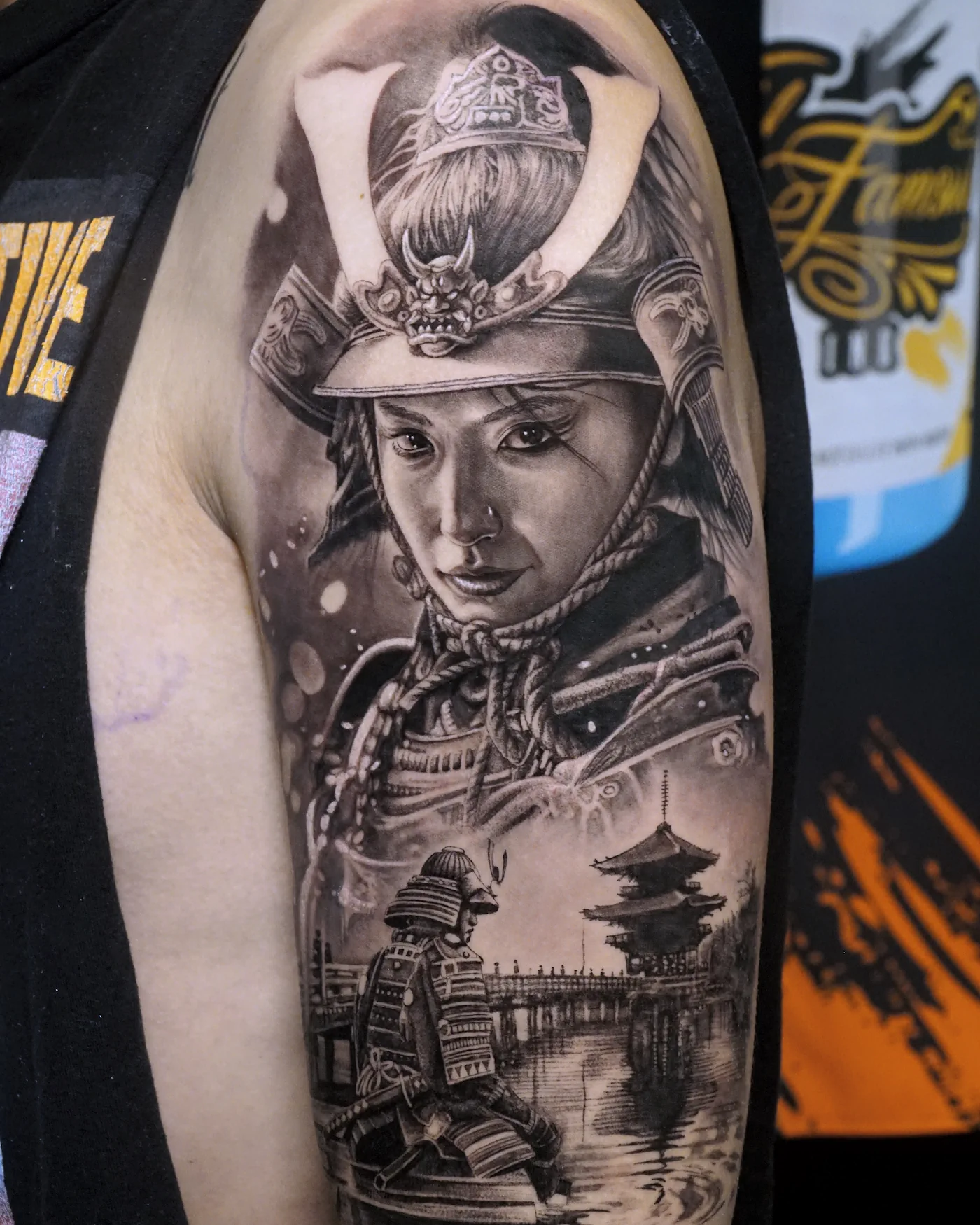 Black and grey realism tattoo of a female samurai by Quang Pham at Qneedle Tattoo Studio