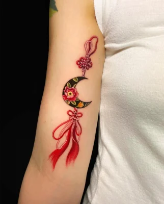 Colorful lucky moon charm tattoo-Qneedle-Studio