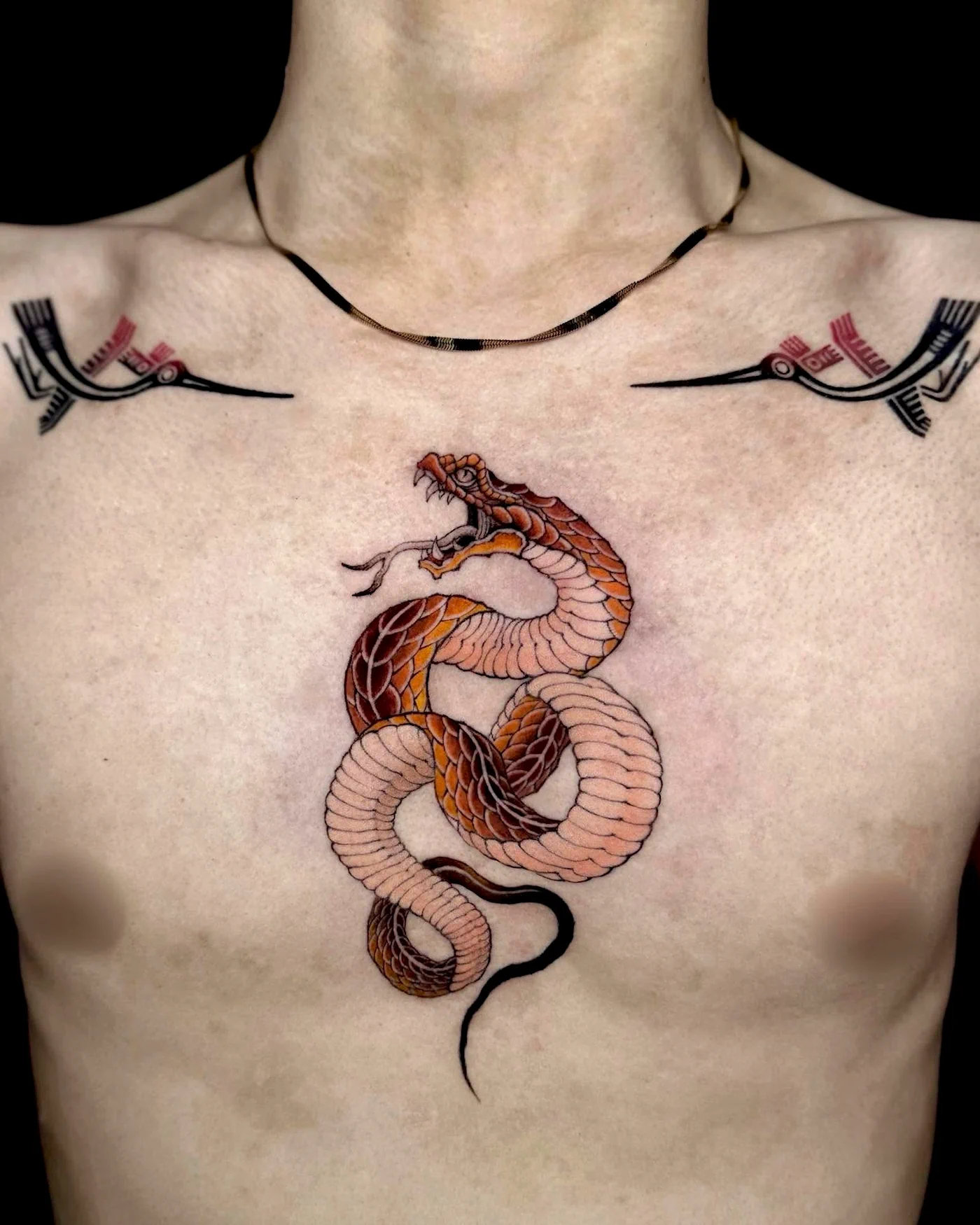 Illustrative snake tattoo featuring a coiled serpent with detailed scales and clean linework at Qneedle Tattoo Studio