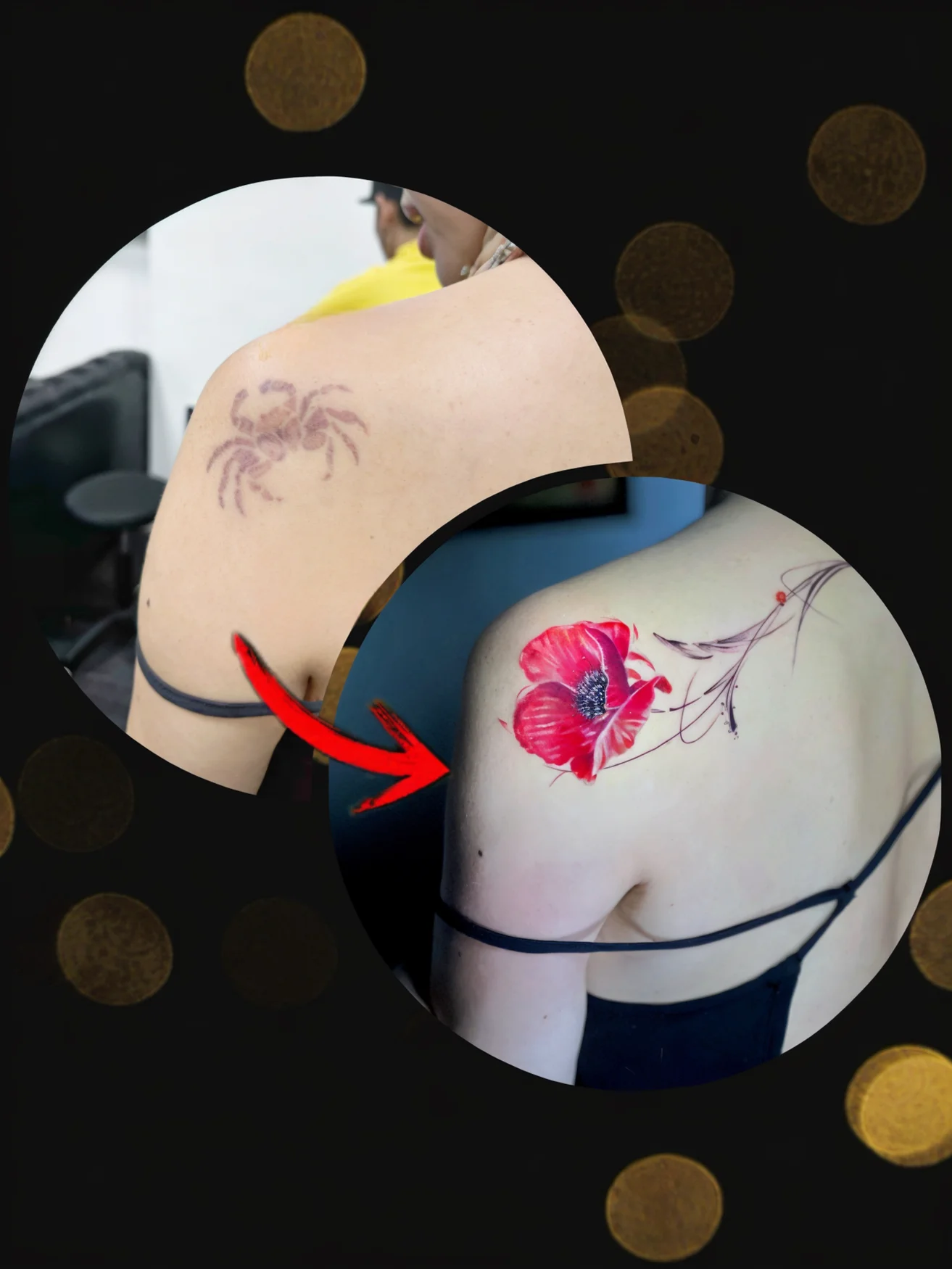 Color floral cover-up tattoo on the shoulder at Qneedle Tattoo Studio